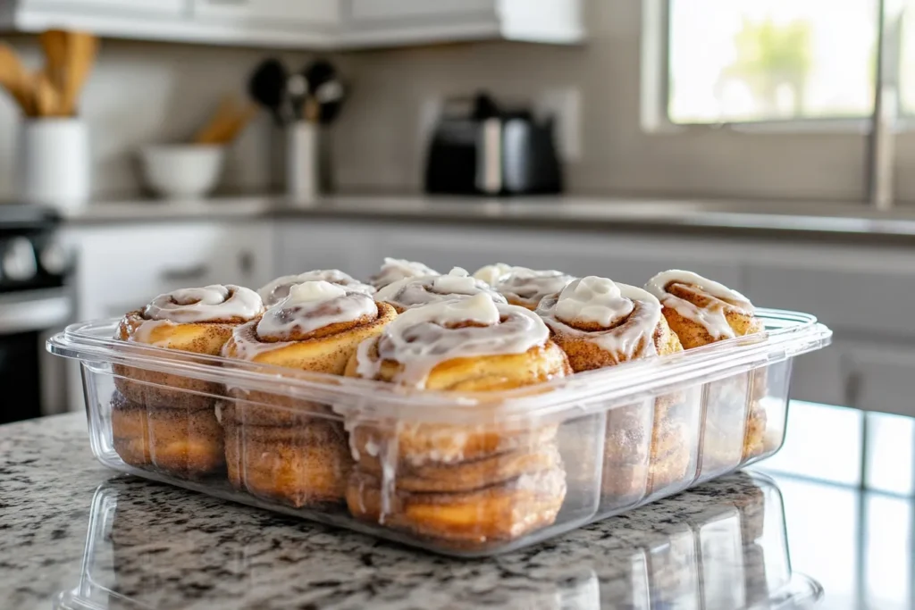 Frosted cinnamon rolls stored in an airtight container