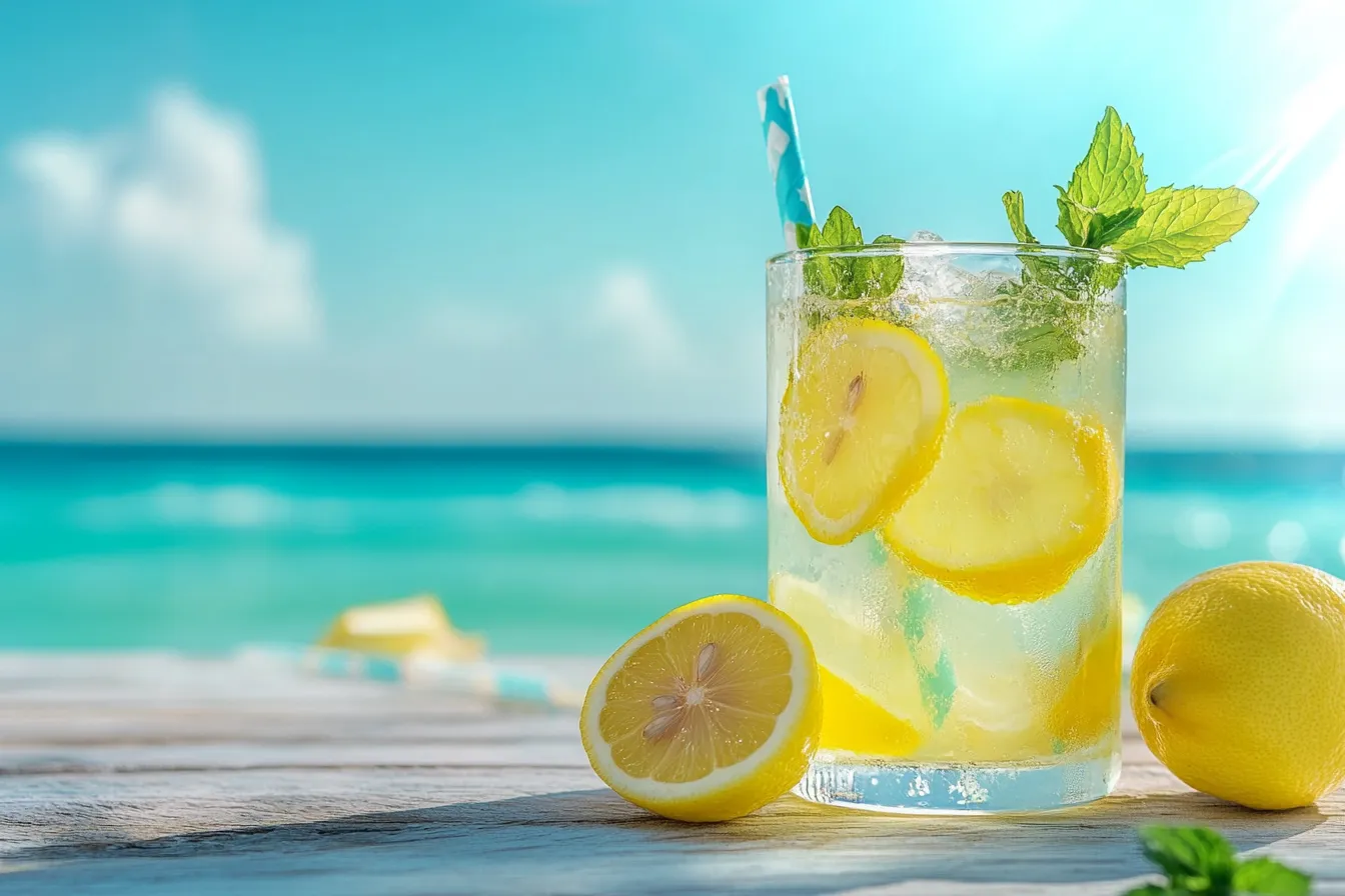 Glass of Surfside Lemonade on a beach table