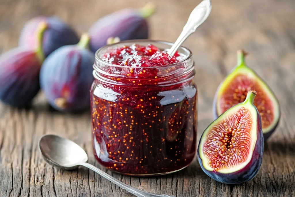 Homemade fig jam in a glass jar with spoon