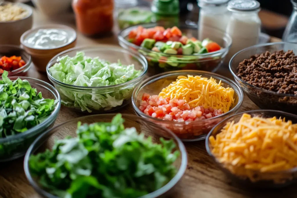 Ingredients of Taco Bell taco salad on a table