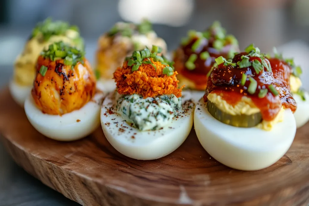 Five different deviled egg flavors at a food booth