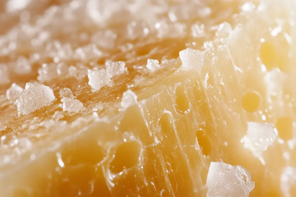Close-up of Parmigiano-Reggiano texture and crystals