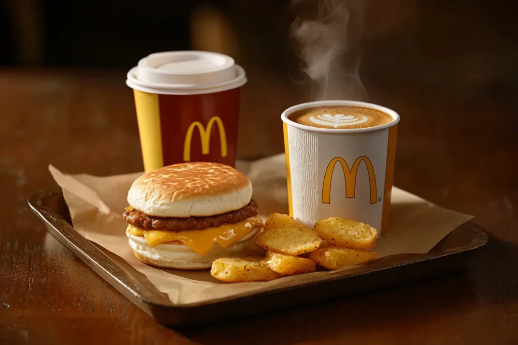 A full McDonald's breakfast tray with Spicy McMuffin, hash browns, and coffee