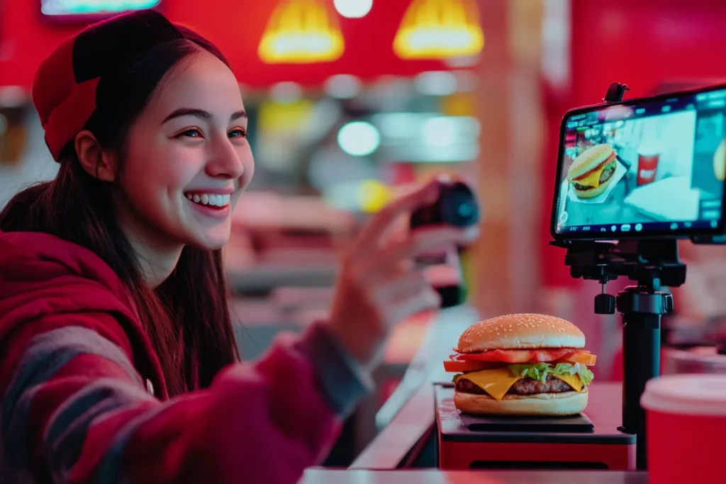 Food influencer recording reaction after tasting burger