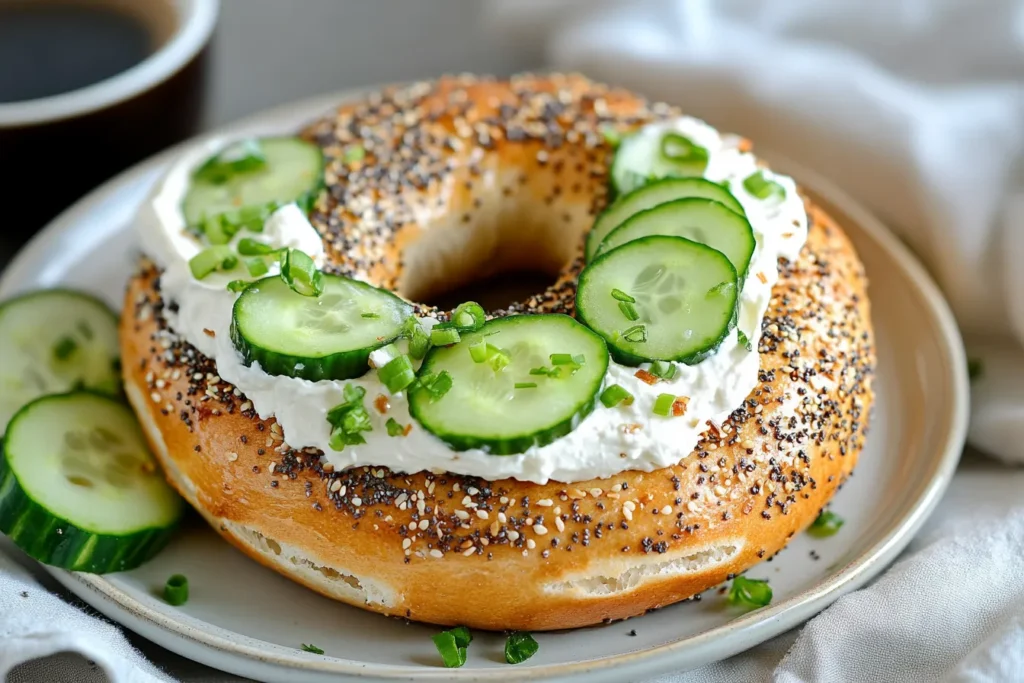 Scallion cream cheese spread on a toasted bagel