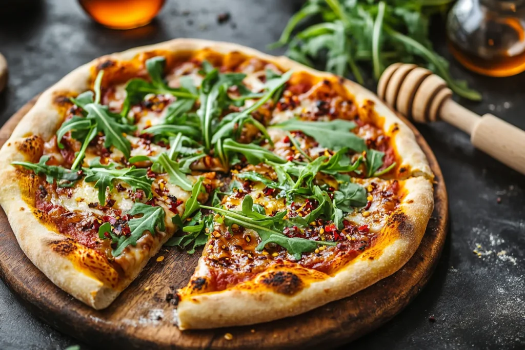 Pizza with hot honey drizzle, chili flakes, and microgreens