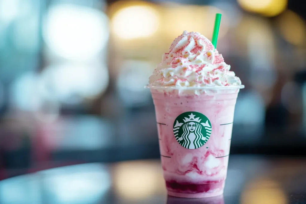 Close-up of a Cotton Candy Frappuccino with whipped cream