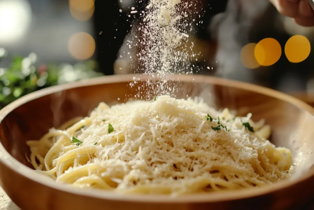 Grated hard cheese on pasta