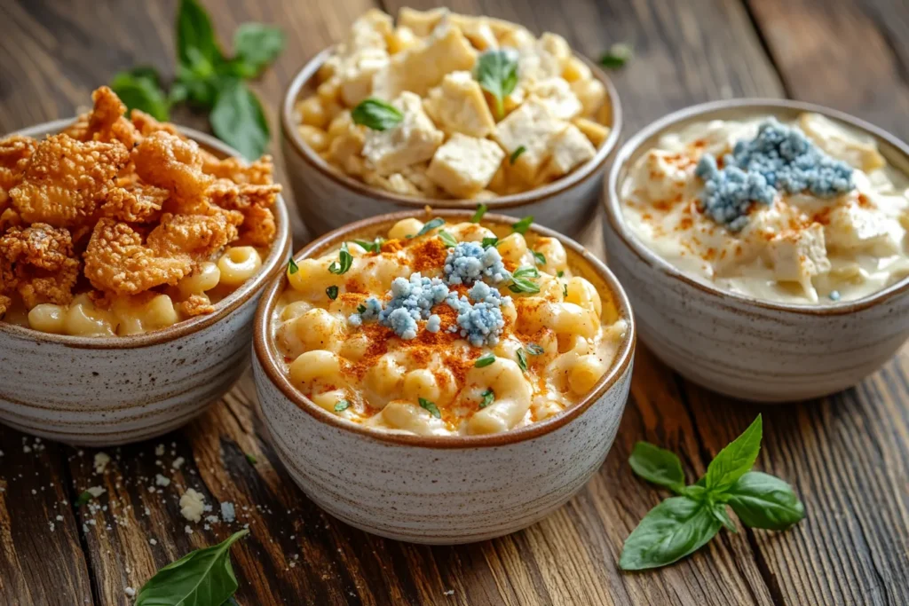 three bowls of buffalo mac and cheese with different toppings