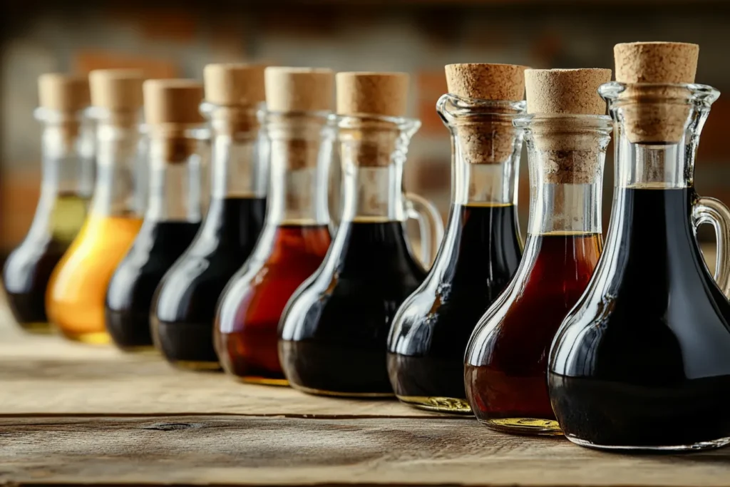 “Different balsamic vinegar bottles on wooden background”