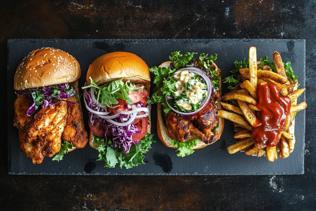 “Different styles of chicken sandwiches lined up”