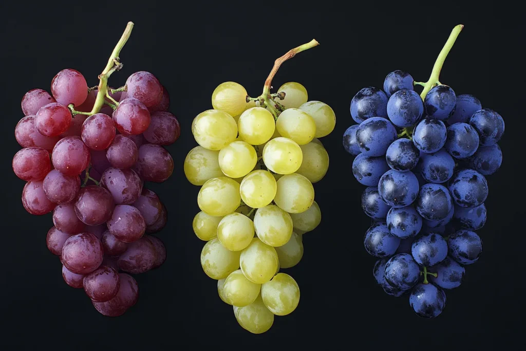 Different types of white grapes on a table
