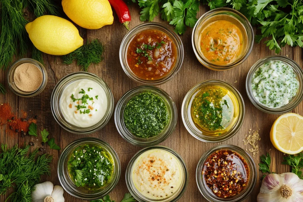 Assorted chicken marinades in bowls with ingredients