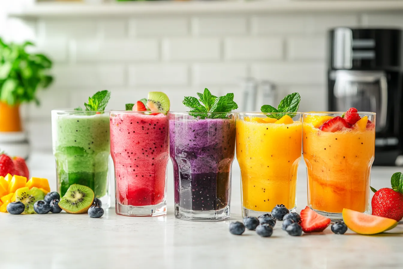 Colorful homemade Ninja slushies in clear cups with fruit and mint garnish