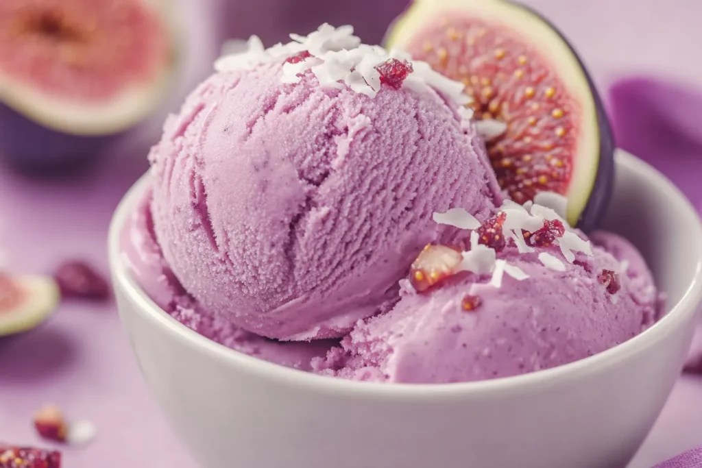 Vegan fig coconut ice cream with coconut flakes