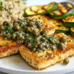 Tofu piccata served with sautéed vegetables