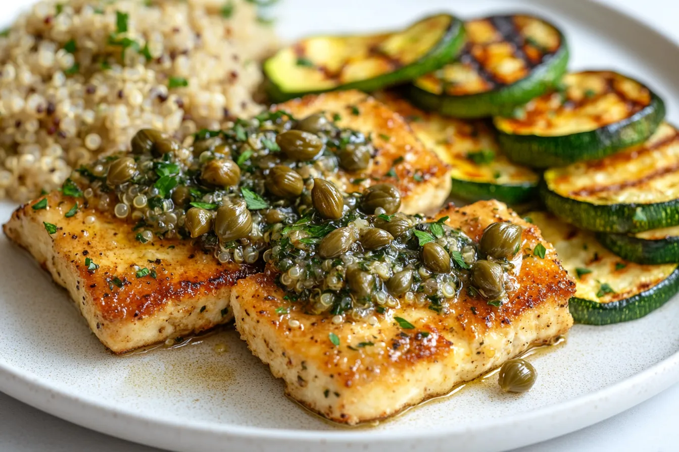 Tofu piccata served with sautéed vegetables