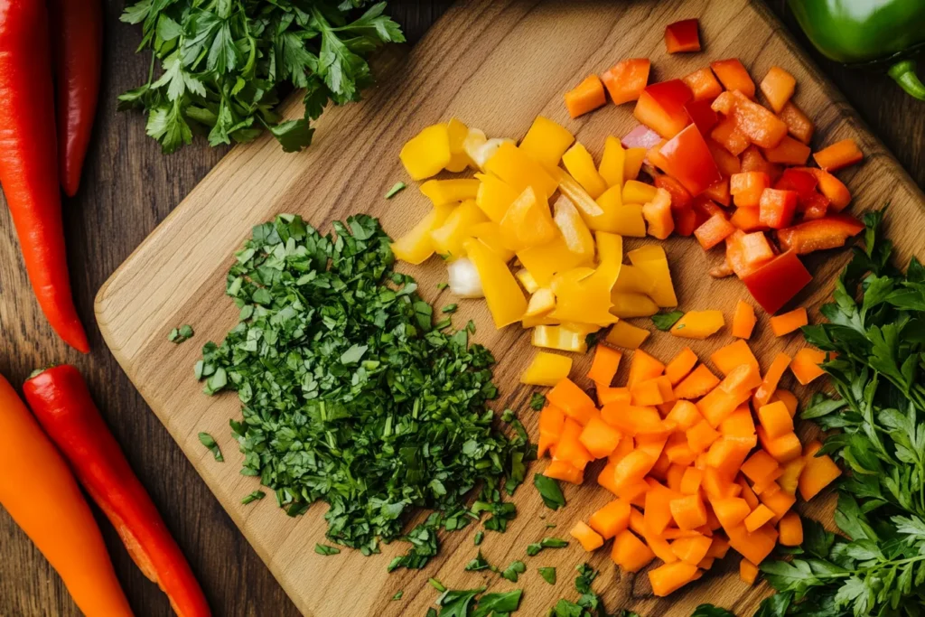 Fresh vegetables and herbs for macaroni salad