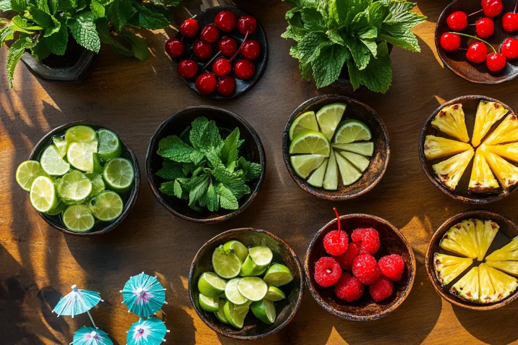 Mai Tai cocktail garnished with mint, lime wheel, and cherry