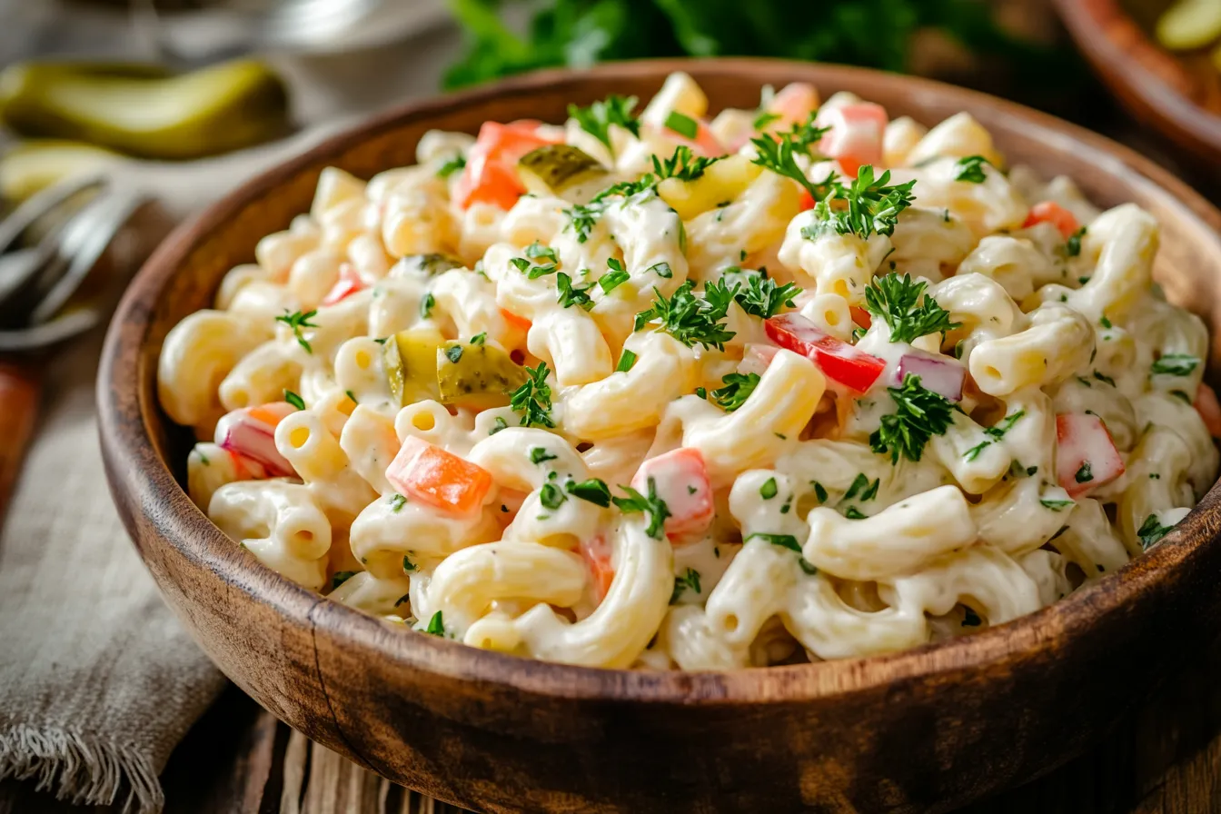 Colorful macaroni salad with chopped pickles and herbs