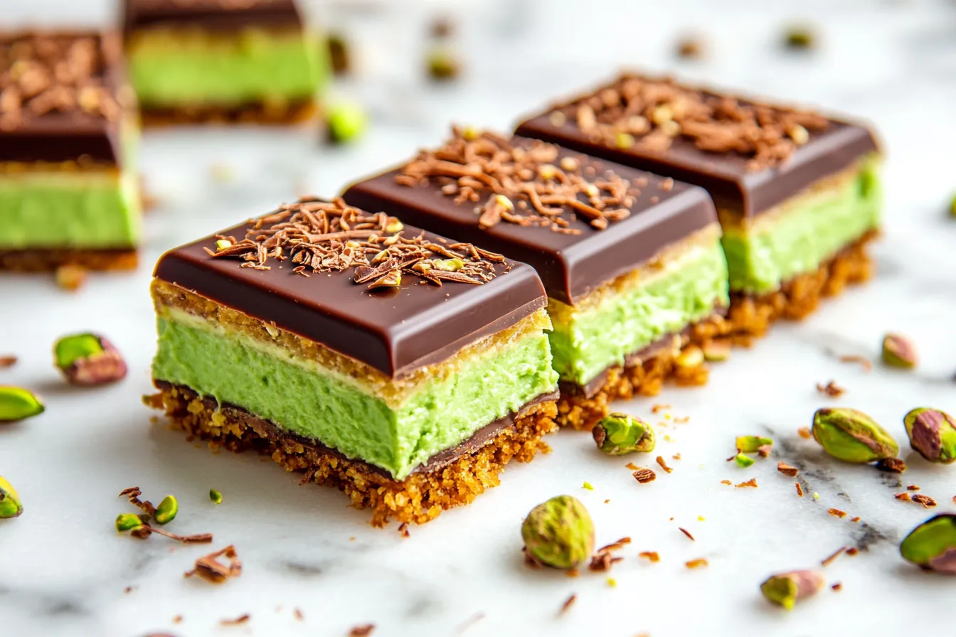 "A glossy Dubai chocolate bar cut open to show the green pistachio filling"