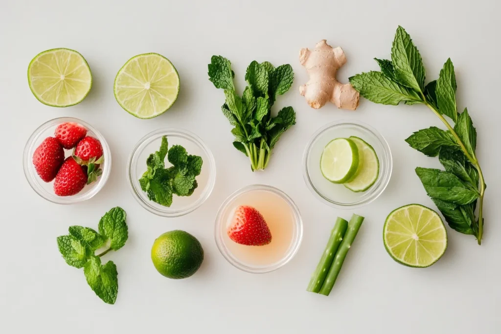“Ingredients like mint, lime, and kombucha shown with labels”