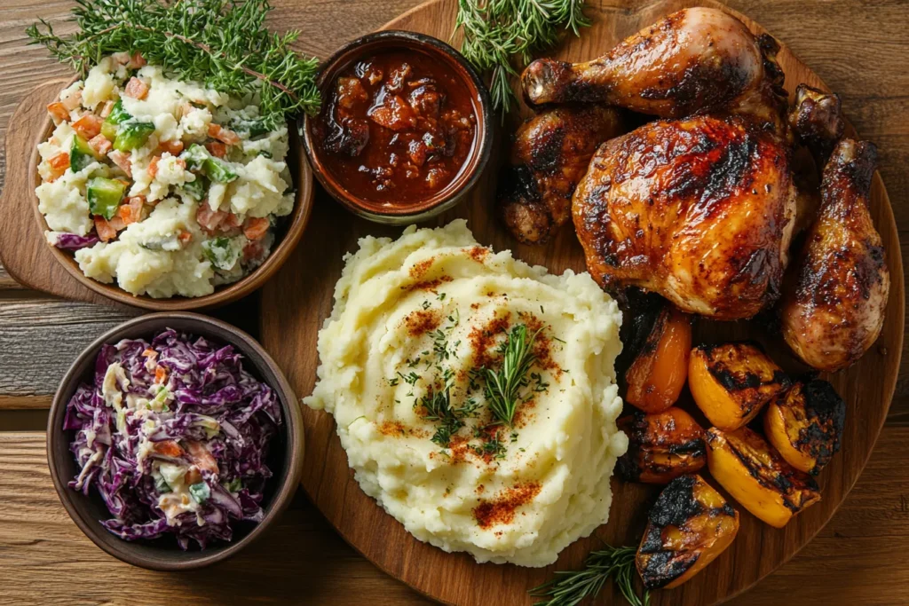 Smoked chicken with grilled vegetables and mashed potatoes