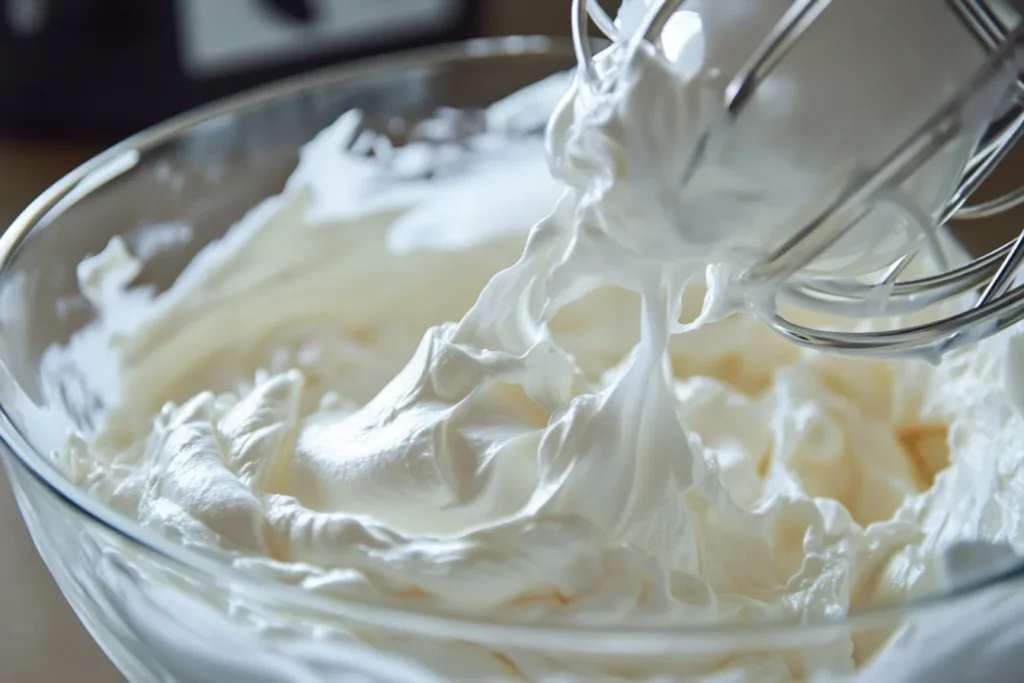 Egg whites being whipped into stiff peaks