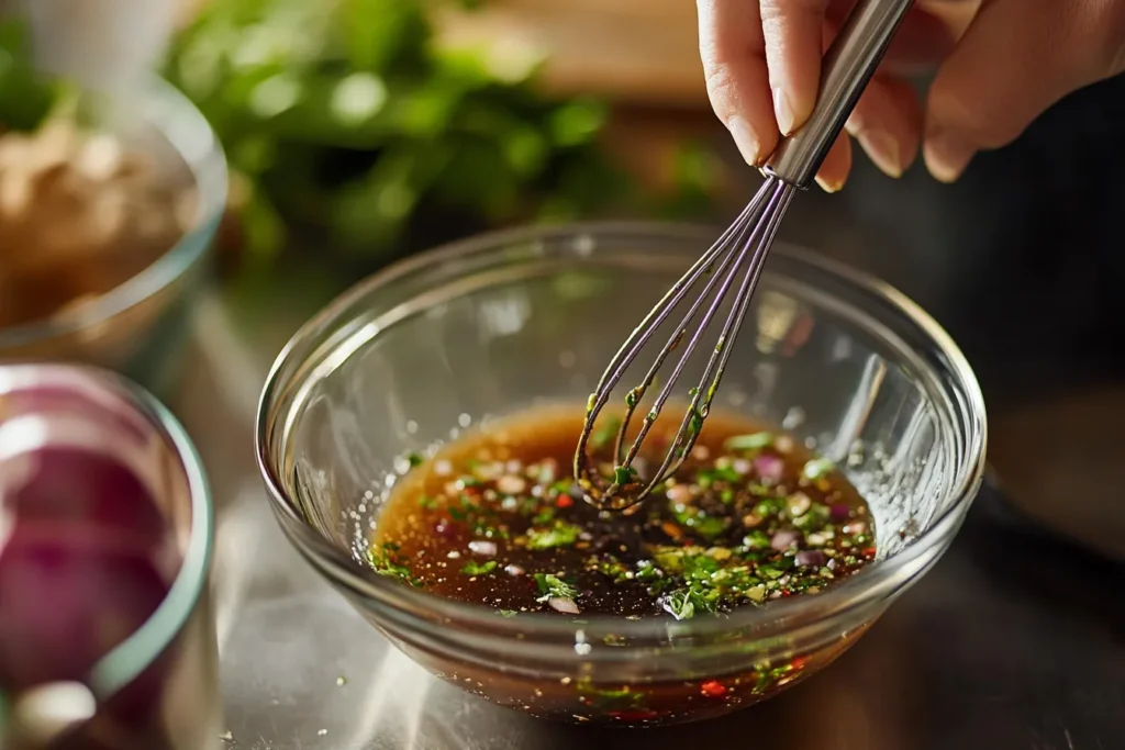 Whisking balsamic vinaigrette in a bowl