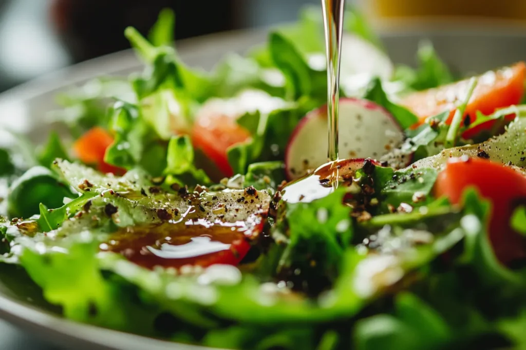Salad with white balsamic dressing drizzled
