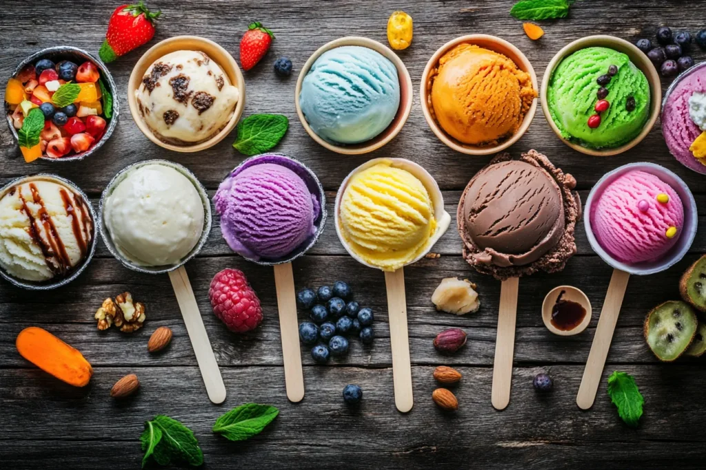 Variety of international ice creams including mochi, gelato, and kulfi