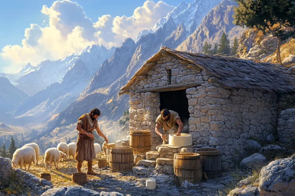 “Ancient Greek shepherds making cheese”