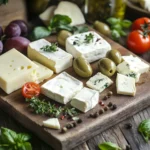 “Traditional Greek cheese selection on rustic board”