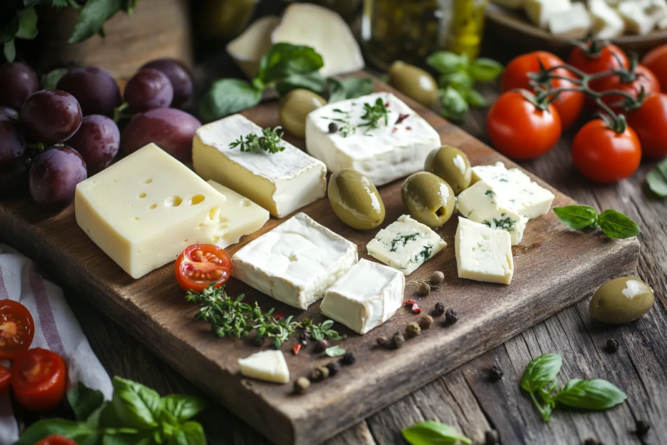 “Traditional Greek cheese selection on rustic board”