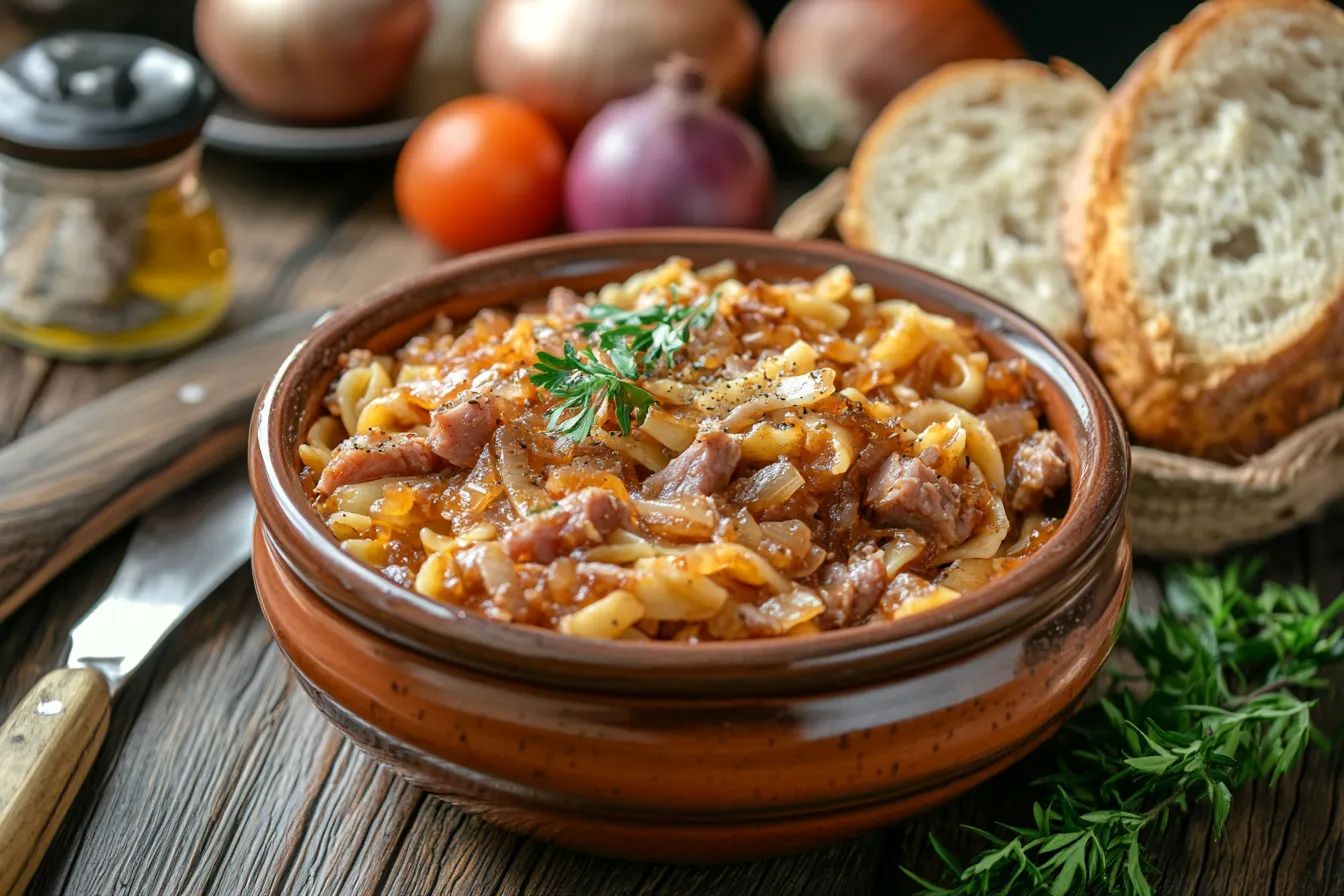 Traditional Italian Genovese tuna pasta dish served in a white bowl