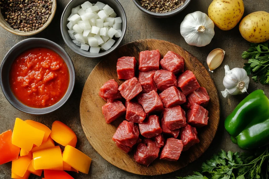 Raw ingredients laid out for making beef caldereta