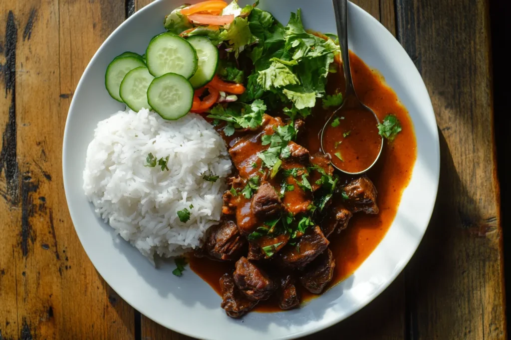 Served beef caldereta with rice and sides on a table