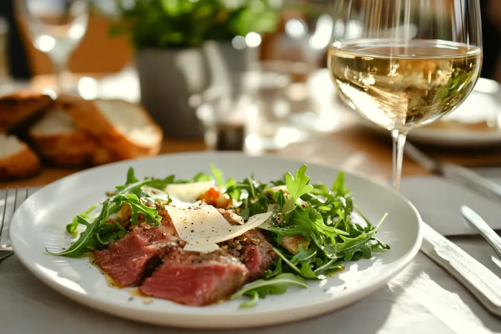 Full meal with beef-tuna Genovese, salad, and wine