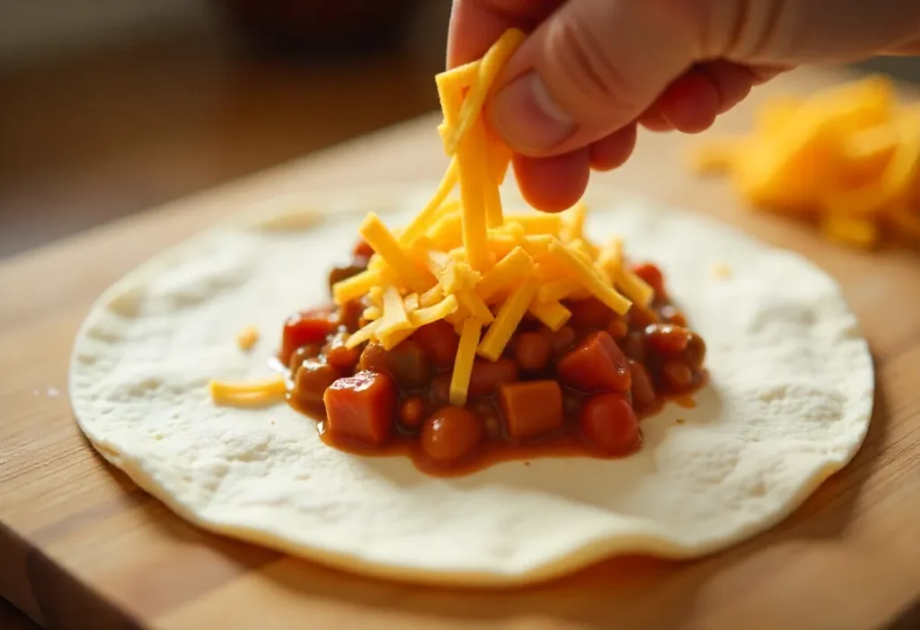 “Layering chili and cheese onto a warm flour tortilla”