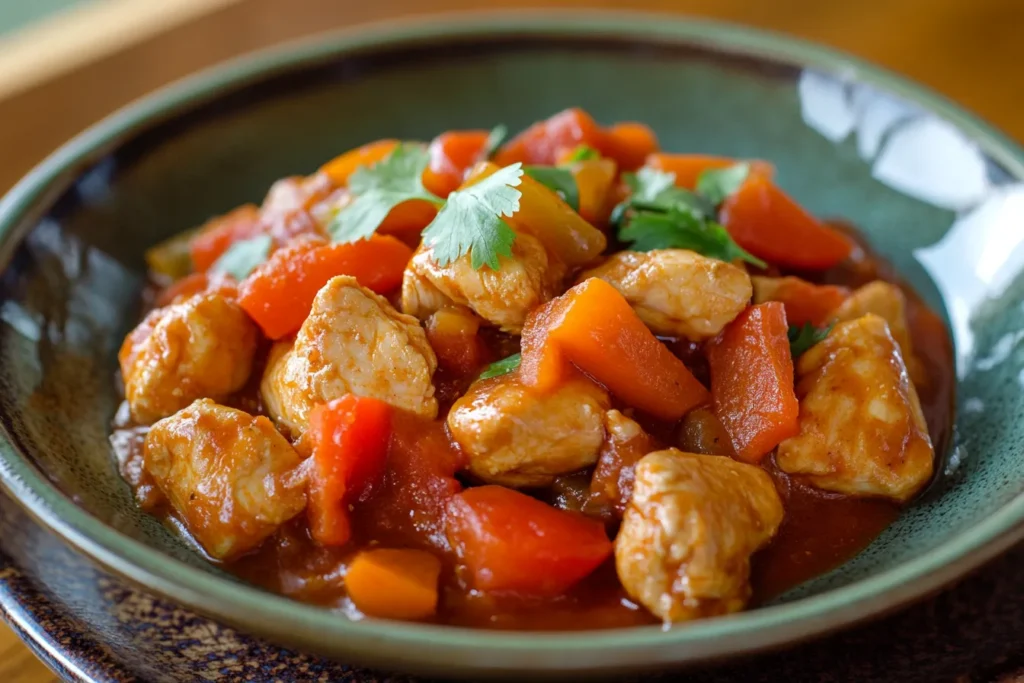 Chicken caldereta variation on a white plate
