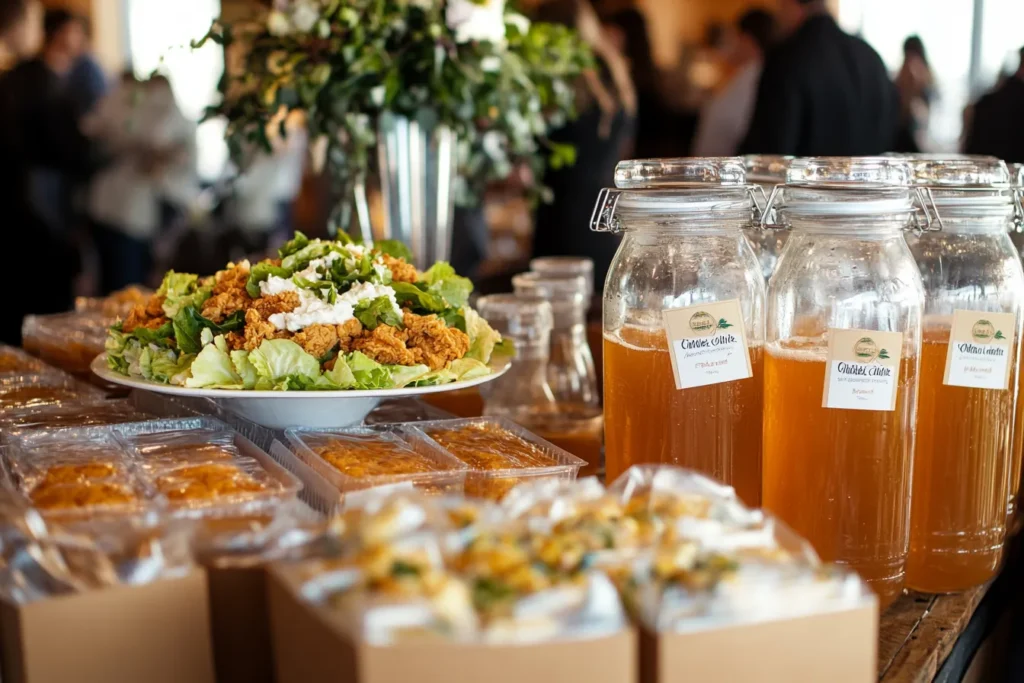 Catering spread with boxed lunches and tea gallons