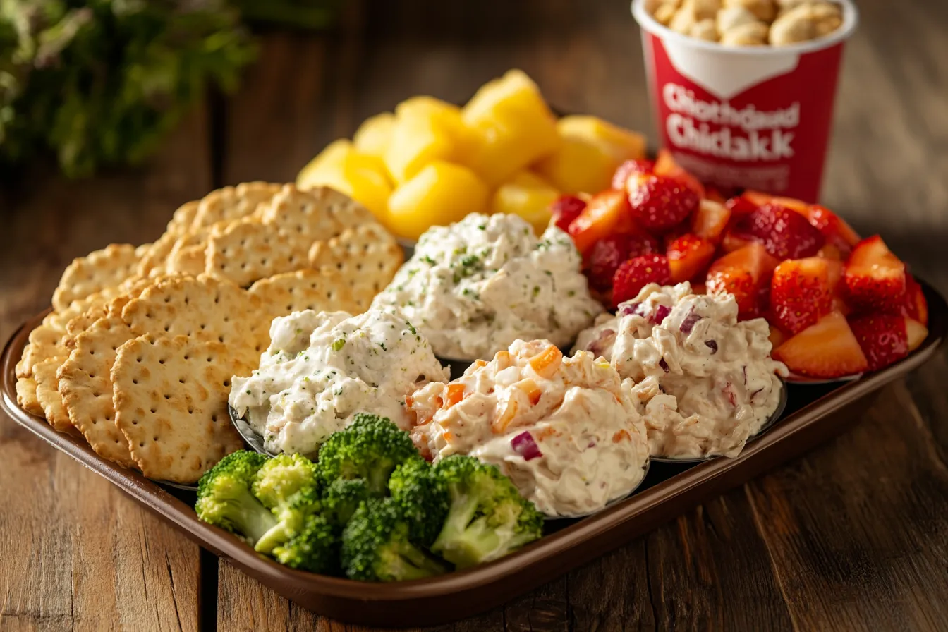Assorted Chicken Salad Chick scoops in a tray with crackers and fruit
