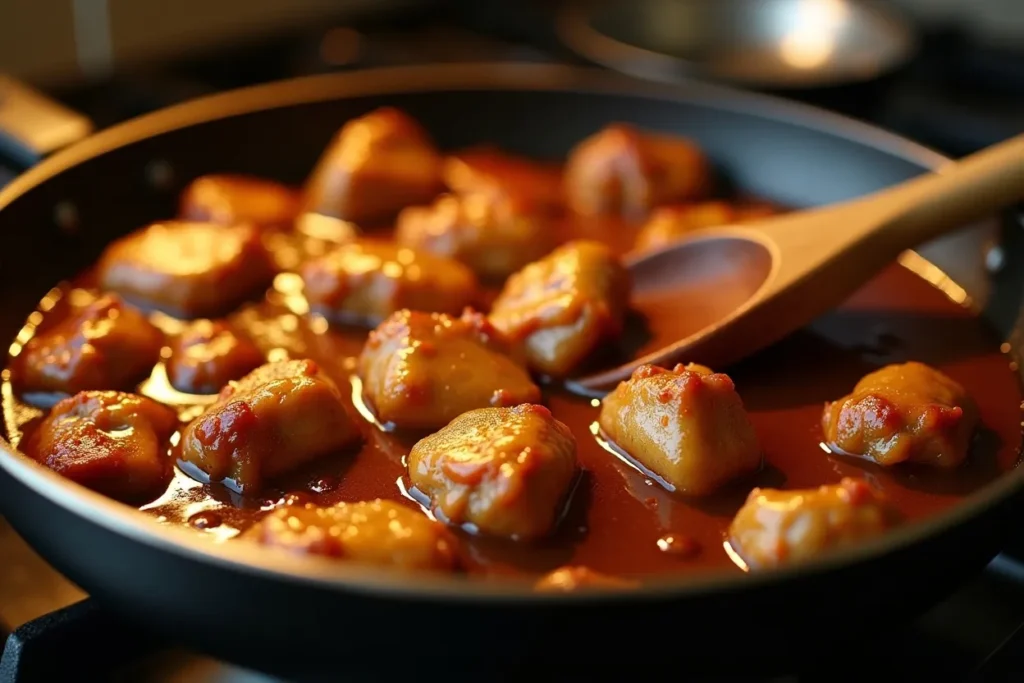 Sticky chicken cooking in a skillet with bubbling sauce