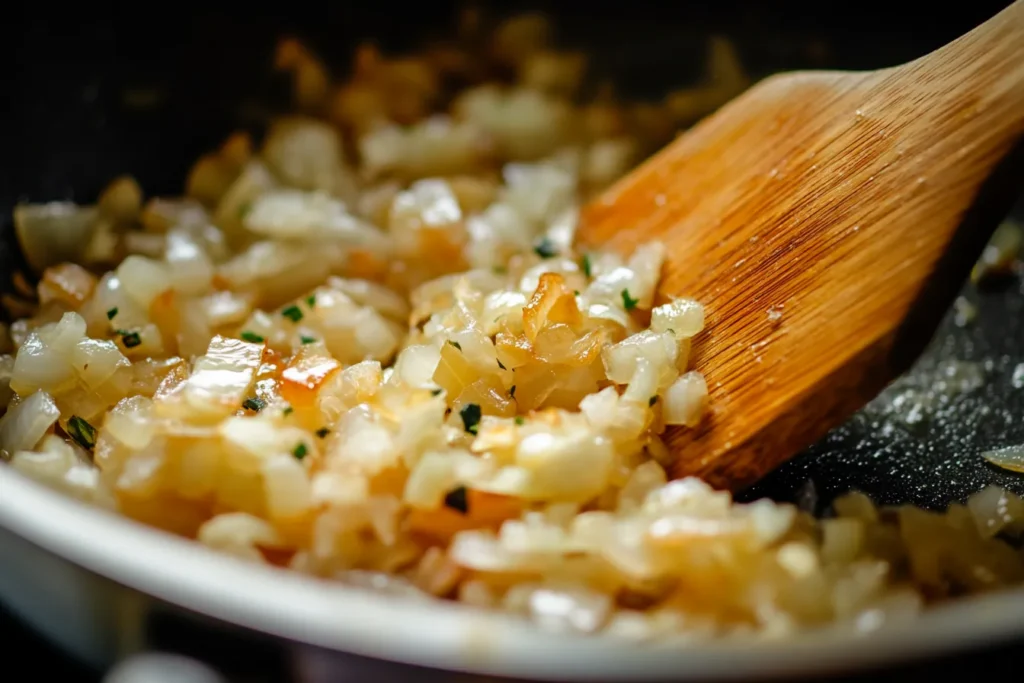 Onions caramelizing in a sauté pan with olive oil