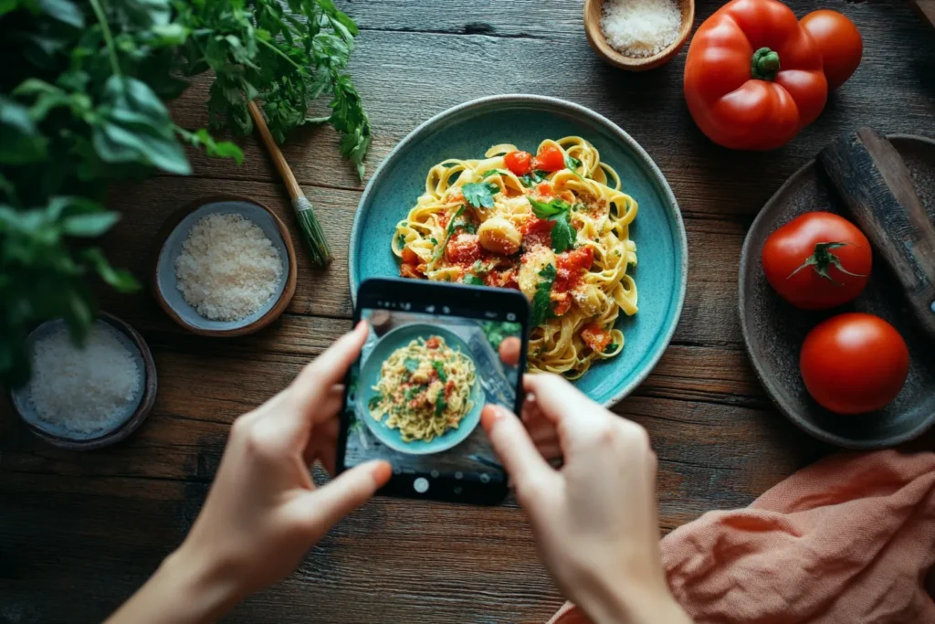 Food blogger taking a photo of spicy pasta for social media