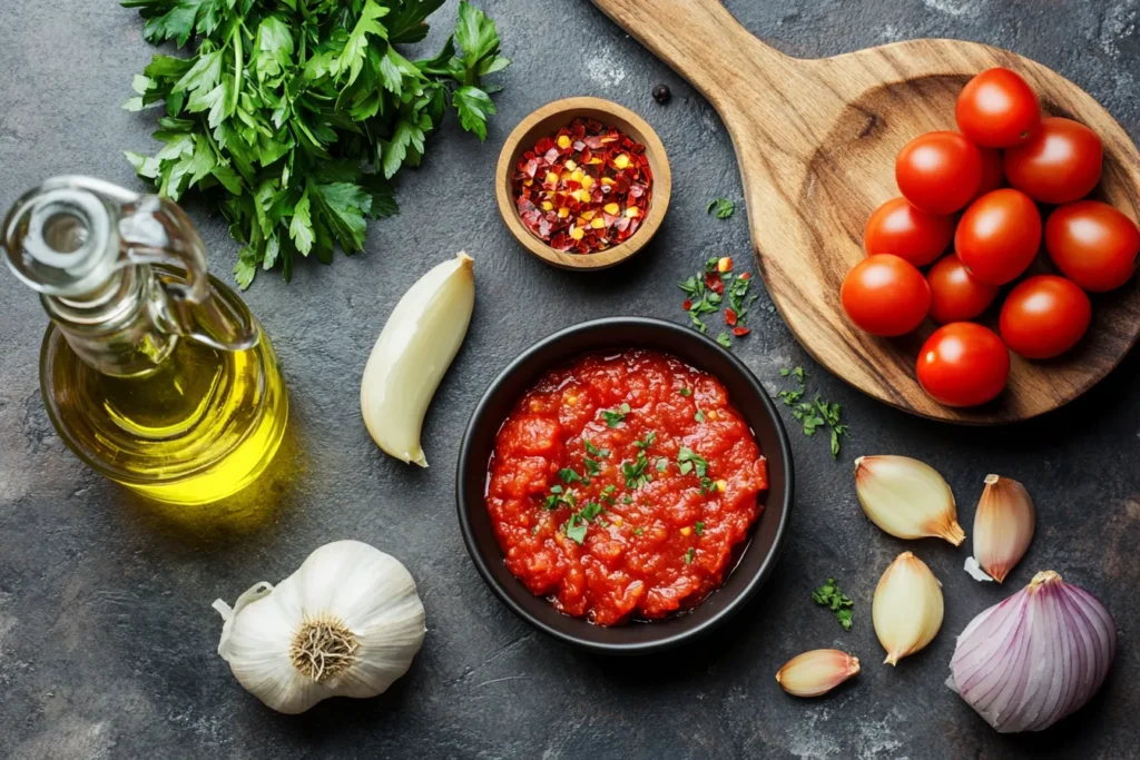 Diavolo sauce ingredients laid out on a countertop