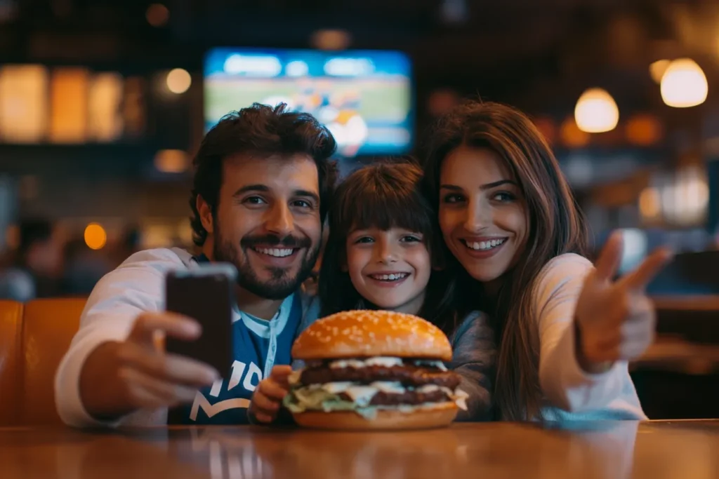 Family taking a selfie with the Dan Campbell Burger at Cam’s