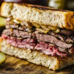 Plated Buona-style sandwich with beef, tuna, and Genovese onions