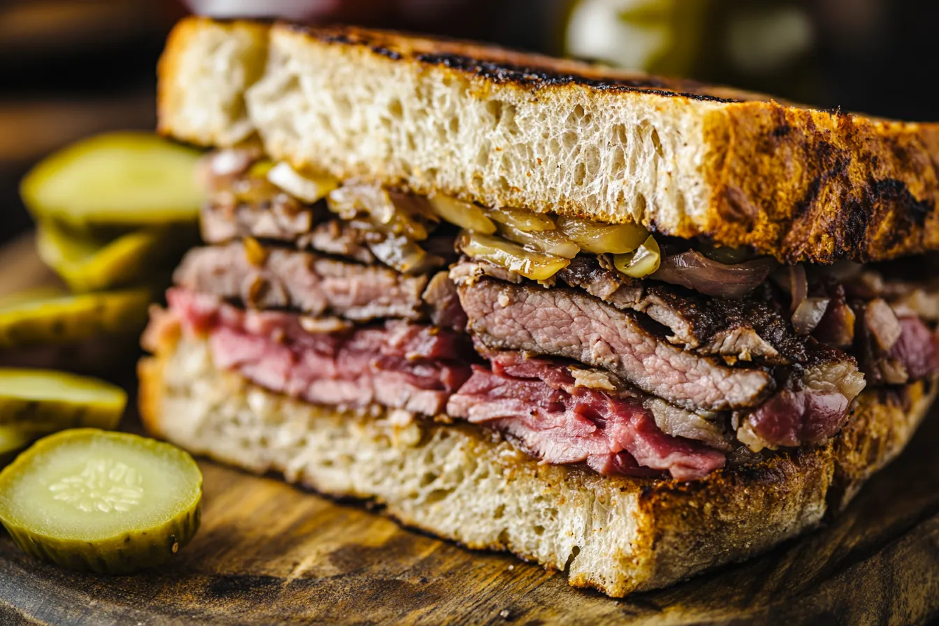 Plated Buona-style sandwich with beef, tuna, and Genovese onions