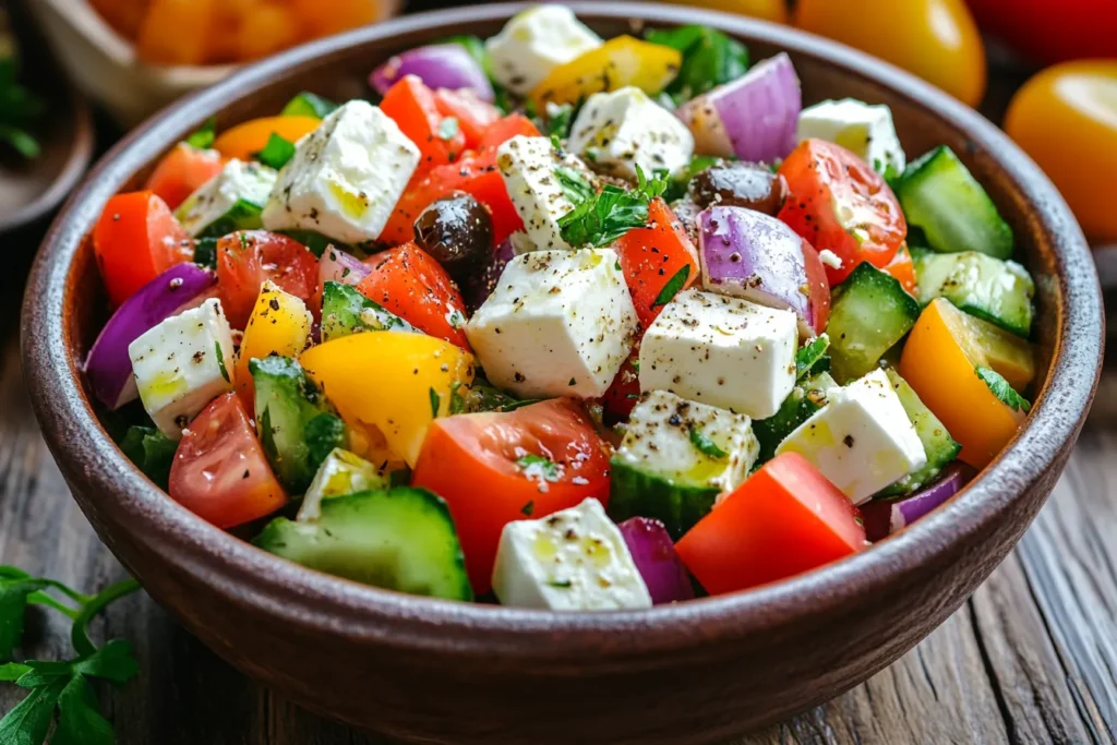“Nutrition facts of Greek cheeses with fresh vegetables”